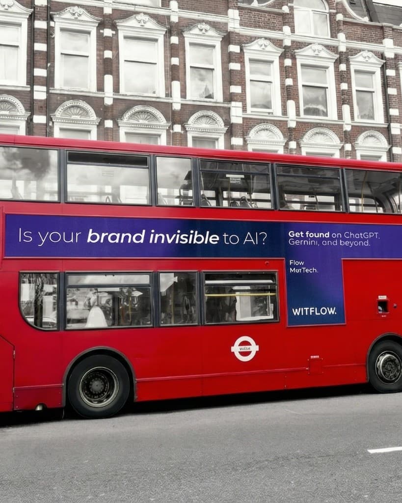 Autocarro de dois pisos com anúncio WitFlow sobre descoberta em IA e pesquisa